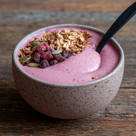 A delicious smoothie bowl with granola, cranberries, and pumpkin seeds.の素材