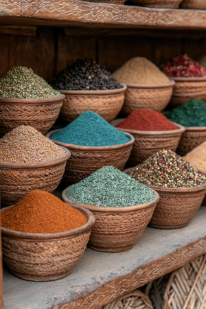 A vibrant display of colorful spices in woven bowls.の素材