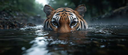 A tiger swimming in a river.の素材