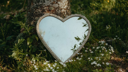 Heart shaped mirror leaning against a tree in a field of flowers.の素材