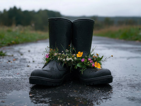 Rain boots filled with flowers on a wet road.の素材