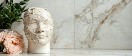 Face mask on a stand with flowers and plants.の素材