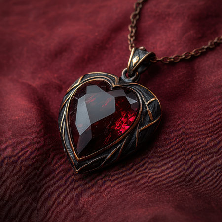 Heart shaped pendant with a ruby gemstone on red fabric.の素材