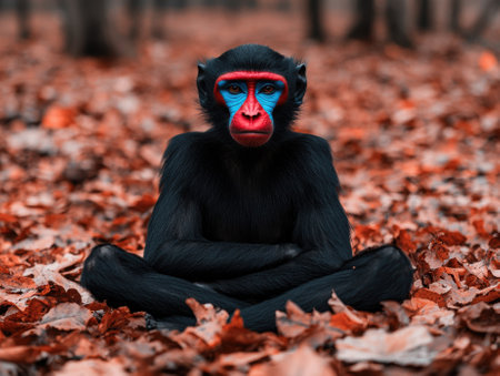 A colorful monkey sitting cross-legged in a forest.の素材