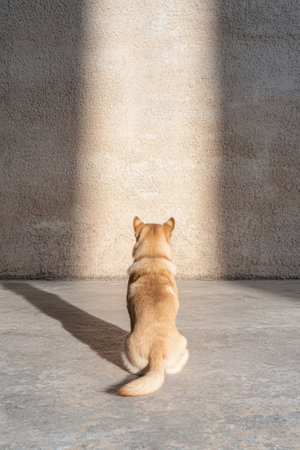 A dog sits in front of a wall in the sunlight.の素材