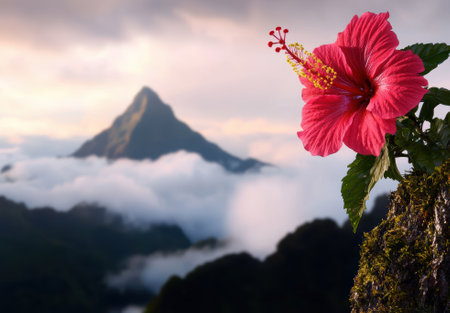 Hibiscus flower with a mountain landscape in the background.の素材
