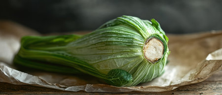 Fresh bok choy on a rustic wooden surface.の素材