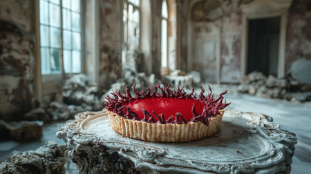 A decadent red tart sits on an ornate table in a decaying room.の素材