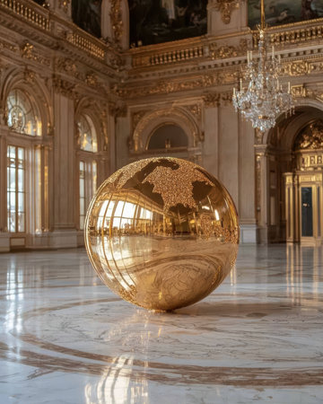 A golden globe in an ornate room.の素材