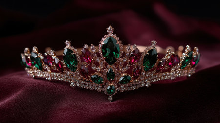Elegant crown with emeralds and rubies on velvet.の素材