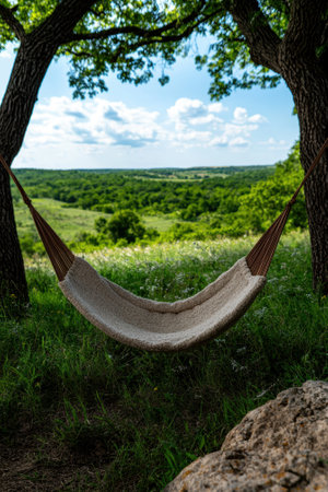 A hammock strung between two trees overlooking a green landscape.の素材