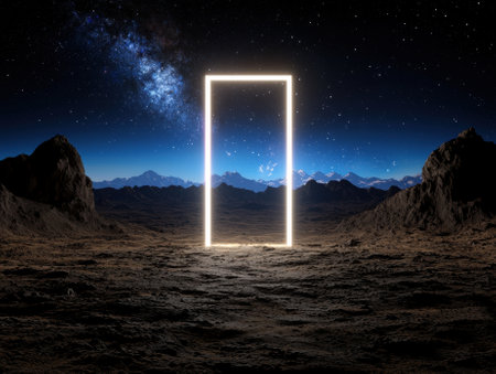 A glowing portal in a desolate landscape under a starry sky.の素材
