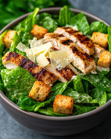 A fresh chicken caesar salad with croutons and parmesan cheese.の素材