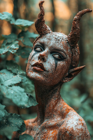 A demonic creature with horns and pale skin stands in a forest.の素材