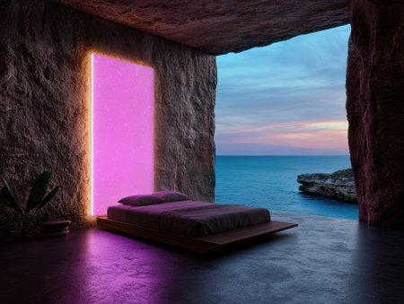 A bed in a cave overlooking the ocean at sunset.の素材