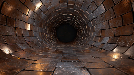 Abstract tunnel made of metallic bricks leading to darkness.の素材