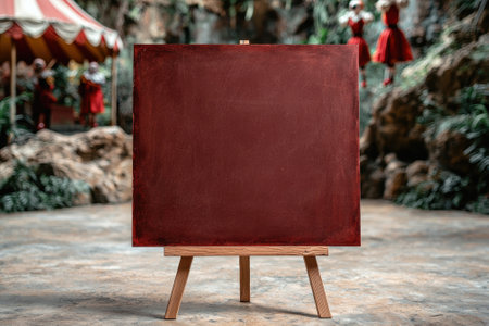 A blank maroon canvas on a wooden easel in an outdoor setting.の素材