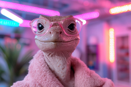 Lizard wearing pink glasses and a robe in a neon-lit room.の素材
