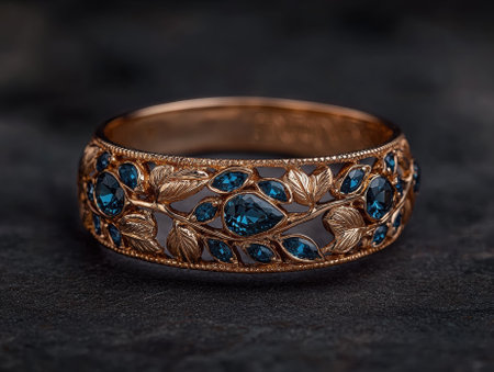 Elegant gold ring with blue gemstones and leaf design.の素材
