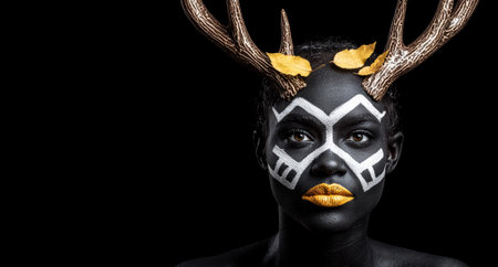 Woman with black face paint, white tribal markings, and golden lips and antlers.の素材