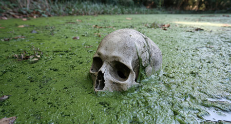 Human skull in a green swamp.の素材