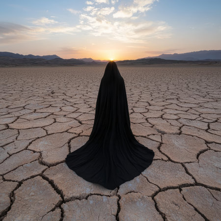 A figure in black stands on cracked earth at sunset.の素材