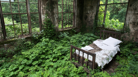 Overgrown room with bed in abandoned building.の素材