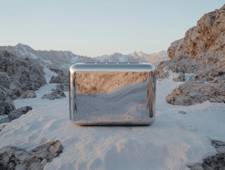 A shiny metal cube sits on a snowy mountain landscape.の素材