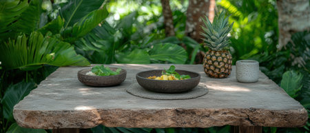 A table set with bowls of food, a pineapple, and a cup in a lush, tropical setting.の素材