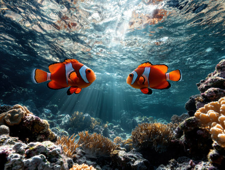 Two clownfish swimming in a coral reef.の素材