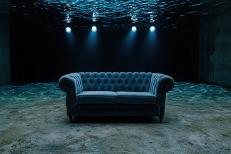 A blue velvet sofa sits in an underwater room illuminated by spotlights.の素材