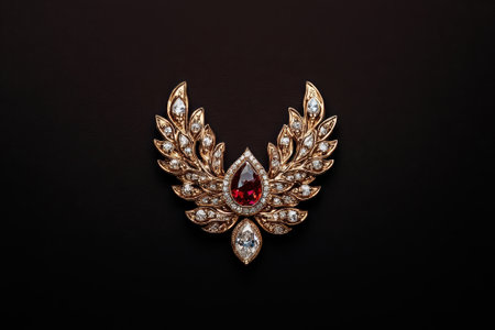 A gold and jewel encrusted brooch on a black background.の素材