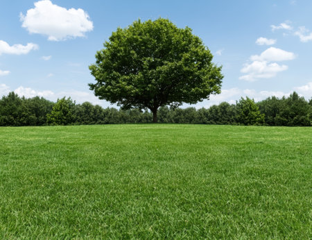 A large tree stands in a grassy field under a blue sky.の素材
