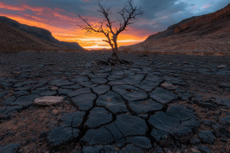 A stark tree stands in a cracked desert landscape at sunset.の素材