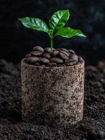 Coffee plant growing from coffee beans in a pot.の素材