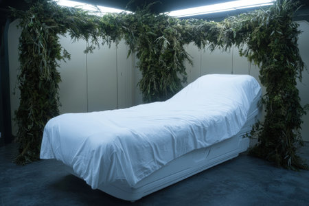 A futuristic white bed surrounded by greenery.の素材
