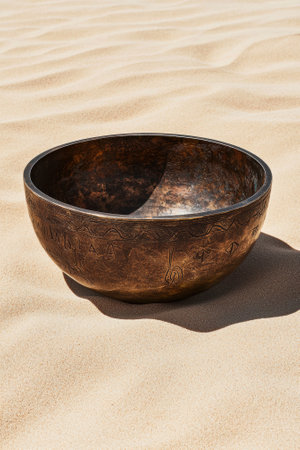 A singing bowl sits on a sandy surface.の素材