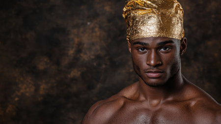 Portrait of a handsome man with a golden head covering.の素材