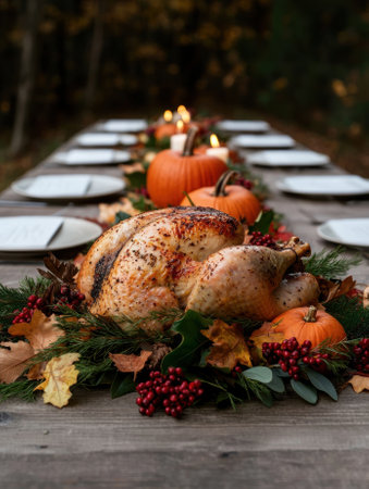 Festive Thanksgiving turkey centerpiece on a wooden table.の素材