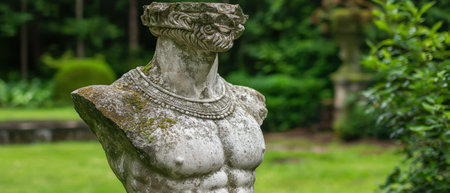 A weathered torso statue stands in a garden.の素材