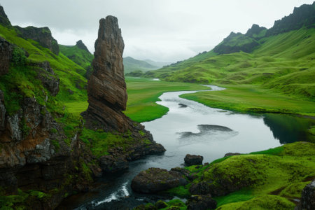 Dramatic landscape with river and rock formation in Iceland.の素材