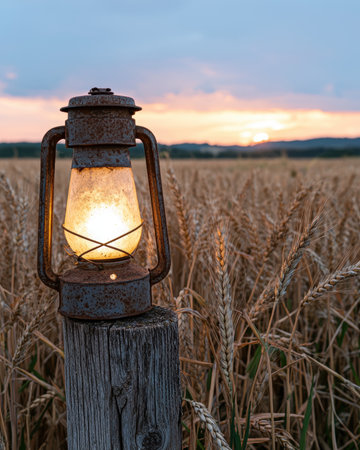 Vintage lantern glowing in a wheat field at sunset.の素材