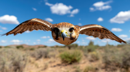 A brown falcon flies through the air with its wings spread wide.の素材