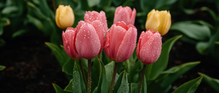 Pink and yellow tulips with water droplets in a garden.の素材