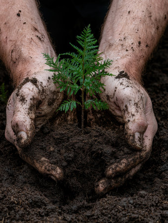 Hands holding a small tree seedling with soil, symbolizing growth and environmental conservation.の素材