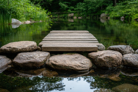 Wooden boardwalk over a tranquil pond with rocks and lush greenery.の素材