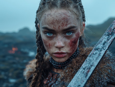 A fierce warrior woman with blood on her face and a sword in hand.の素材