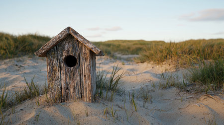 Rustic birdhouse on a sandy dune landscape.の素材