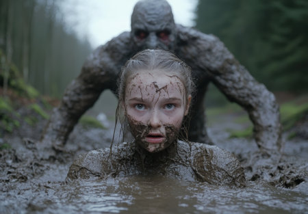 A young girl emerges from a muddy swamp with a monster behind her.の素材