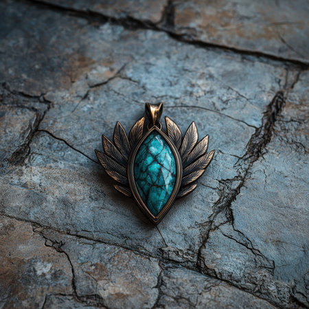 Turquoise pendant with bronze wings on a stone surface.の素材